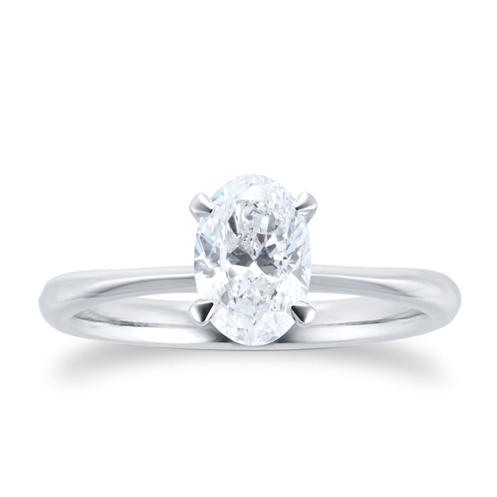 1 ct oval lab diamond solitaire ring in a 14kt white gold band.