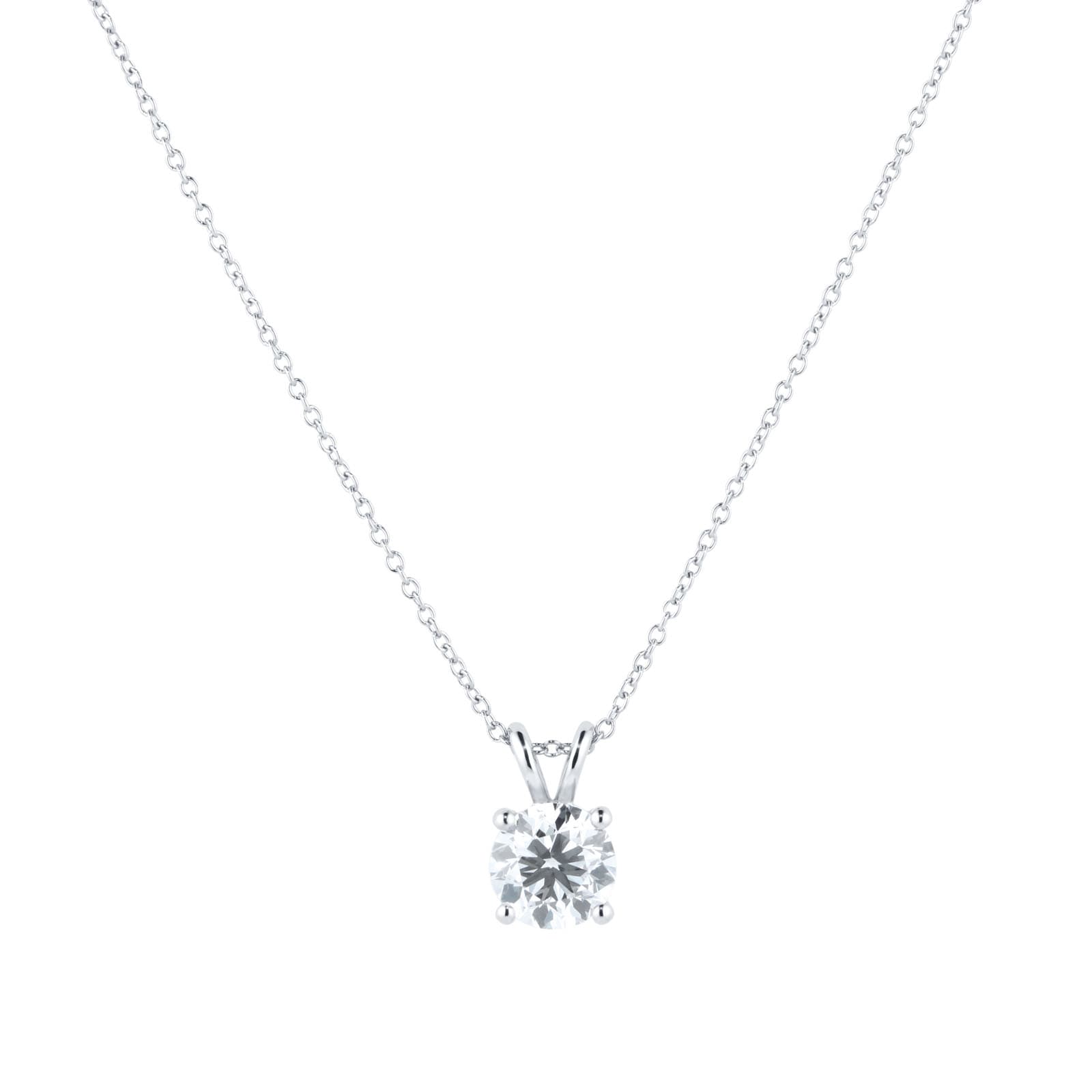 2 ct lab diamind solitaire pendant with a loop setting on a 14kt white gold chain necklace