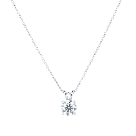 2 ct lab diamind solitaire pendant with a loop setting on a 14kt white gold chain necklace