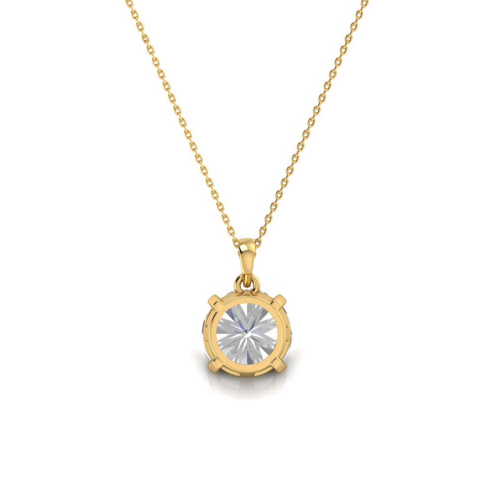 The image shows the backside of the 2 carat diamond pendant on a gold chain., it can be seen how the diamond is held.
