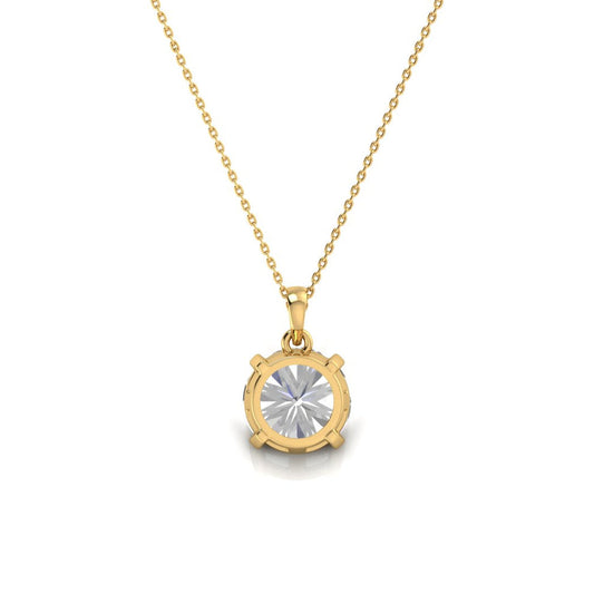 The image shows the backside of the 2 carat diamond pendant on a gold chain., it can be seen how the diamond is held.