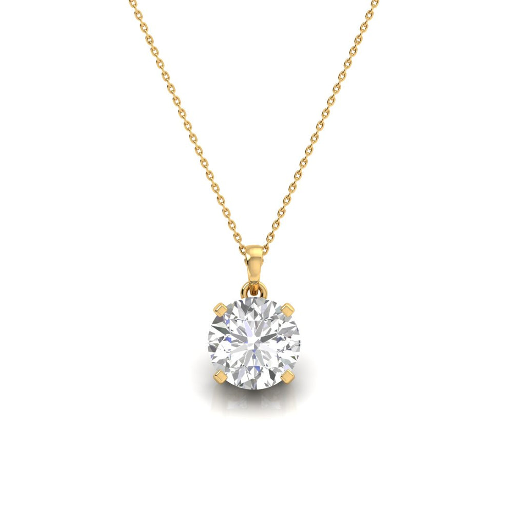 2 carat round lab diamond solitaire  pendant with loop on a 14kt hallmark yellow gold chain necklace. The image shows closely the diamond cut and clarity.