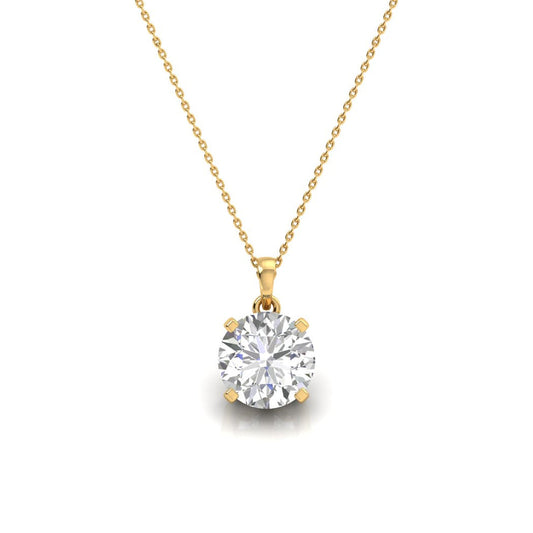 2 carat round lab diamond solitaire  pendant with loop on a 14kt hallmark yellow gold chain necklace. The image shows closely the diamond cut and clarity.