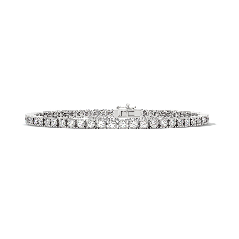 6.24 carat linear round shape lab diamond tennis bracelet set in 14kt hallmark white gold.