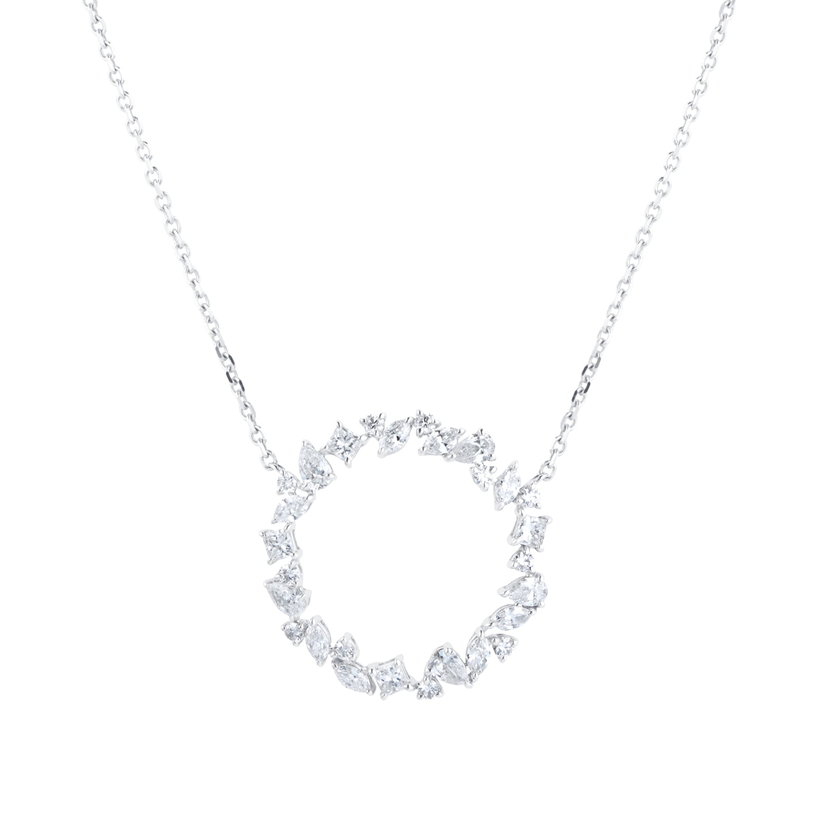 Circular mixed shape lab diamond pendant in 14kt hallmark white gold chain