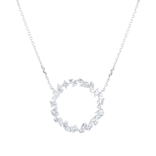 Circular mixed shape lab diamond pendant in 14kt hallmark white gold chain