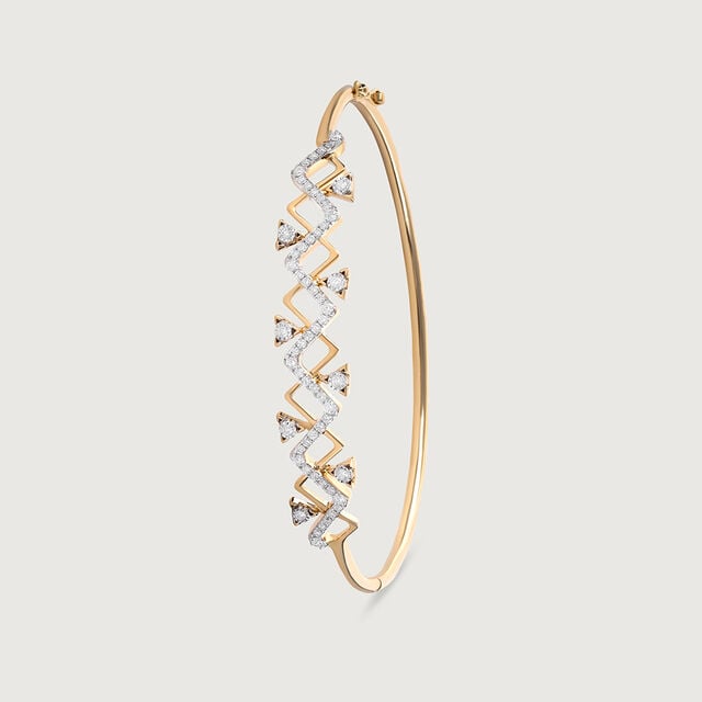 The image shows a 14kt hallmark gold bangle with a geometric pattern of lab diamonds