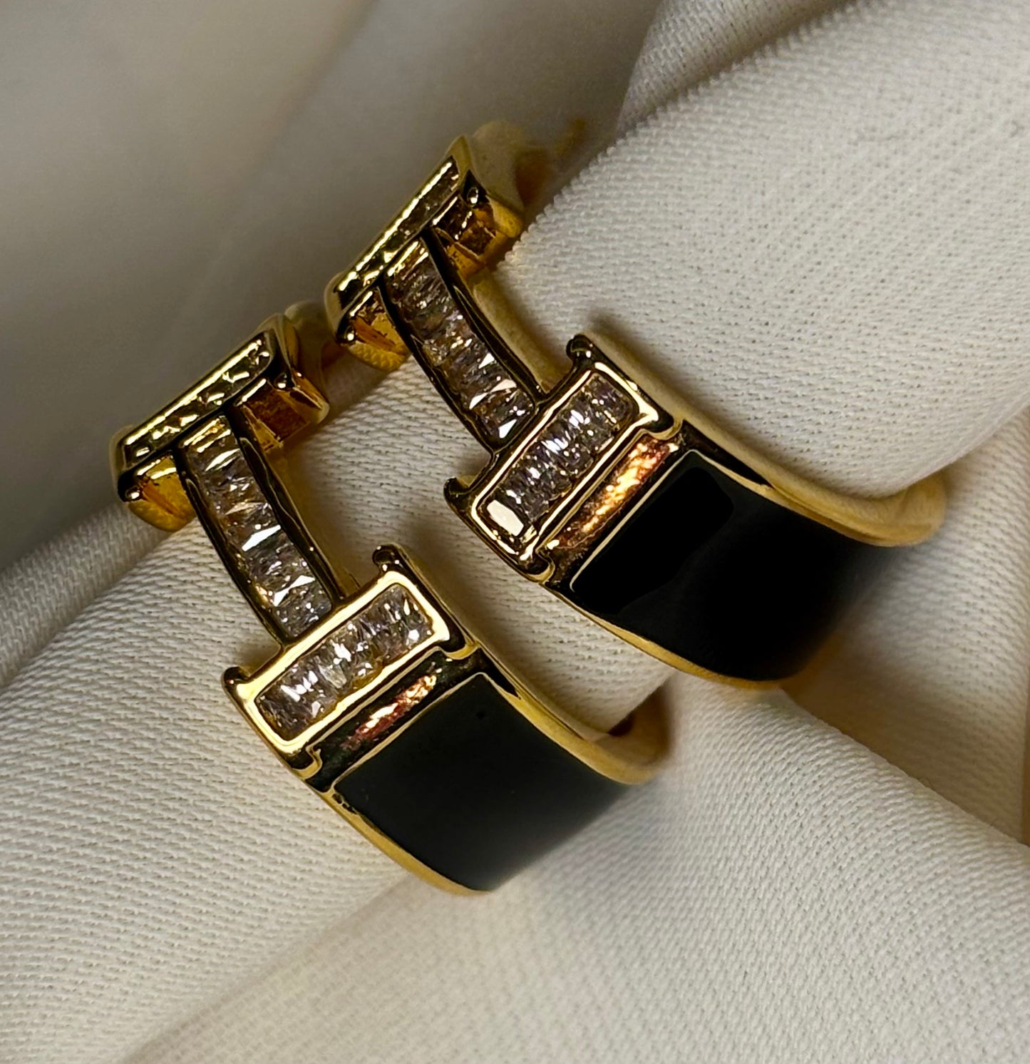 H initial hoops with moissanite stones made with 92.5 Sterling silver and 18kt gold plaing