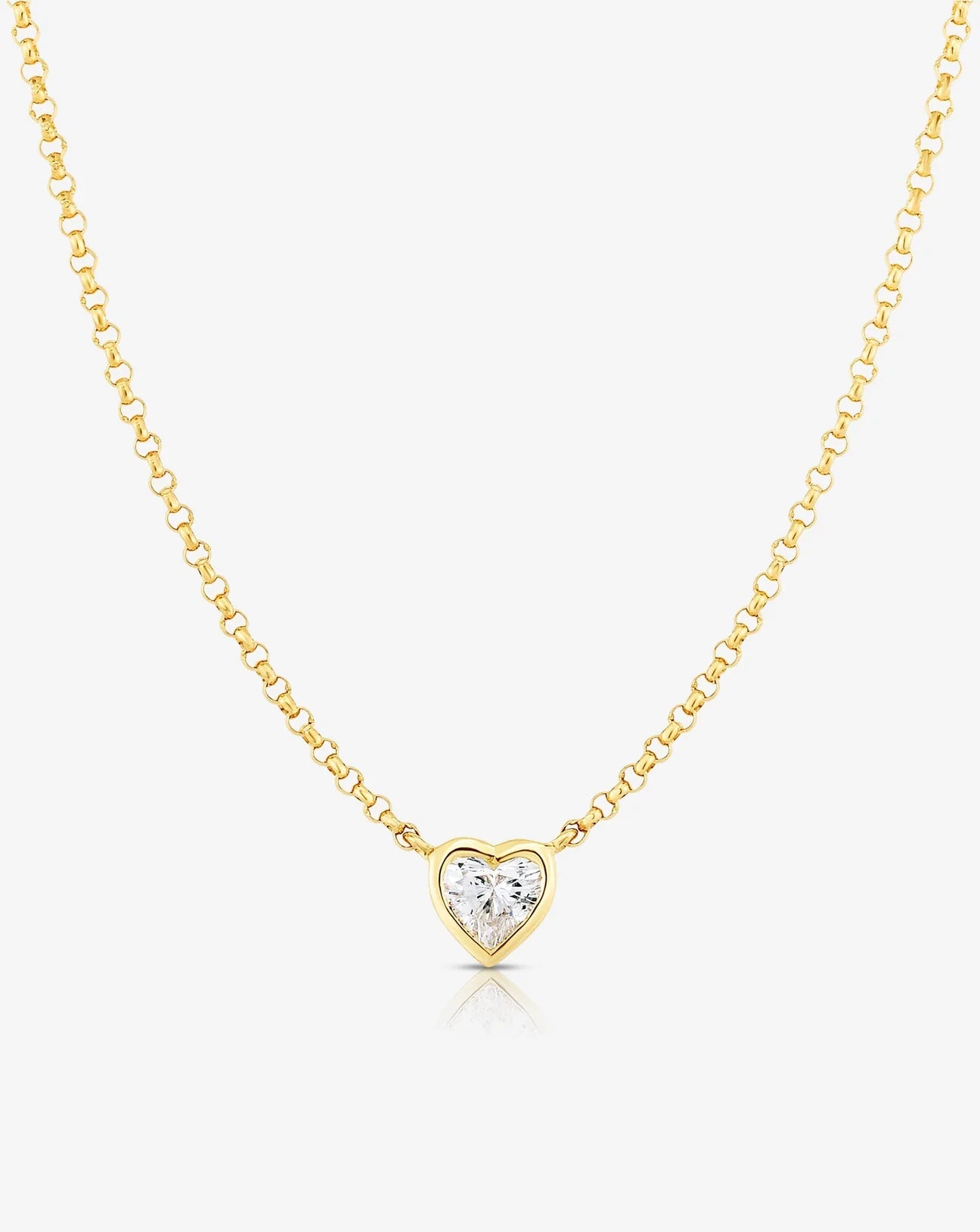 Half carat heart shape lab diamond pendant with bezel setting in a hallmark nine carat yellow gold chain