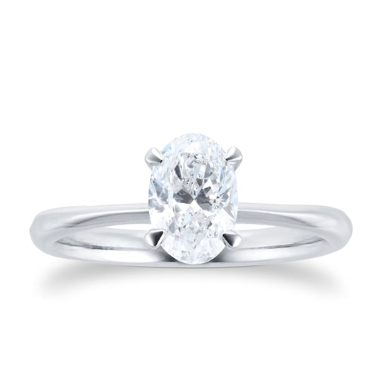 1 ct oval lab diamond solitaire ring in a 14kt white gold band.
