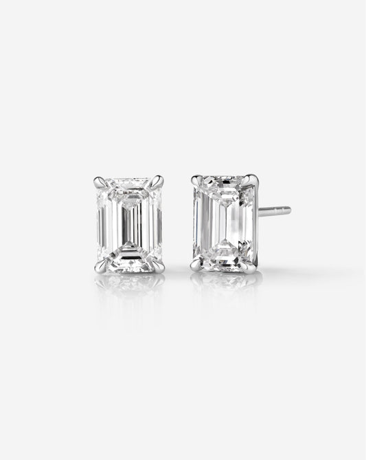 2ct Pair Emerald Cut Lab Grown Diamonds Stud Earrings set with prongs and made in 14kt hallmark white gold