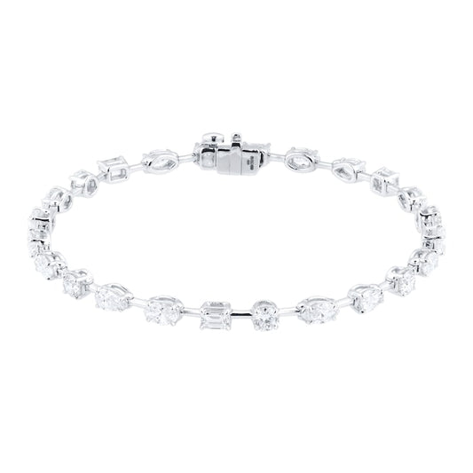 5.98 carat of mixed shape lab diamond tennis bracelet in 14kt hallmark white gold.