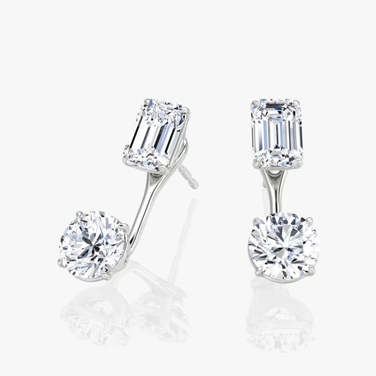 6CT Solitaire Stud and Ear Jacket Pair Lab Grown Diamonds Earrings showing an emerald shape diamond and a round shape diamond