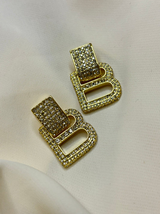 B initial clip on earrings made n 92.5 Sterling silver with 18kt gold plating ad moissanite stones