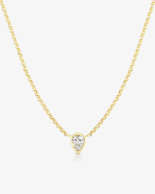 Half carat pear shape lab diamond pendant in bezel setting made in a nine carat hallmark yellow gold chain