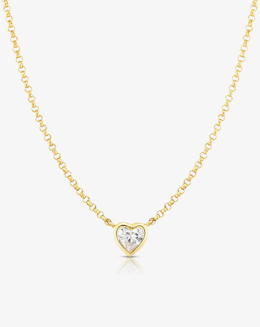 Half carat heart shape lab diamond pendant with bezel setting in a hallmark nine carat yellow gold chain 