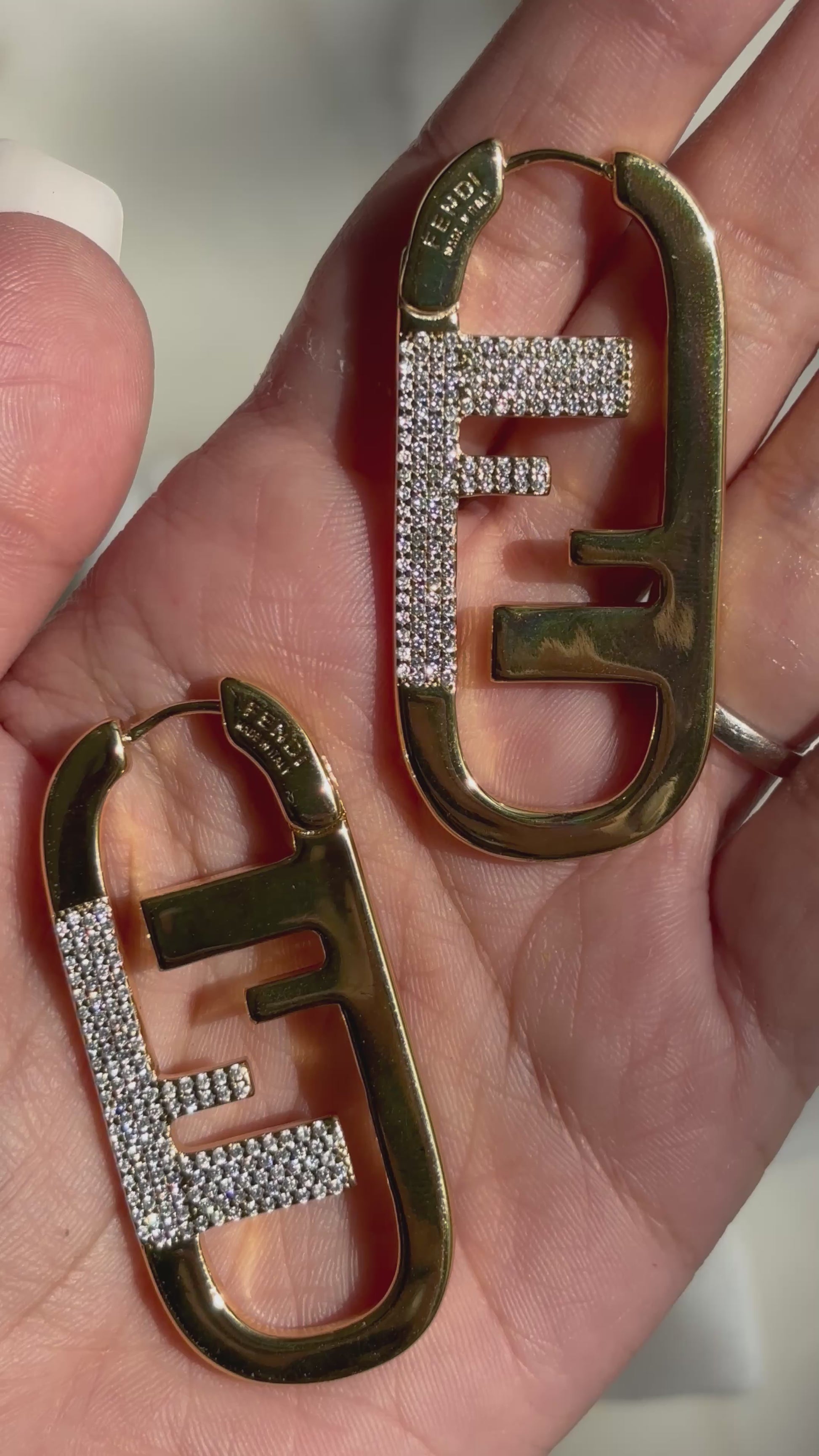 F initial gold tone hoop earrings made with Sterling silver and 18kt gold plating and moissanite stones